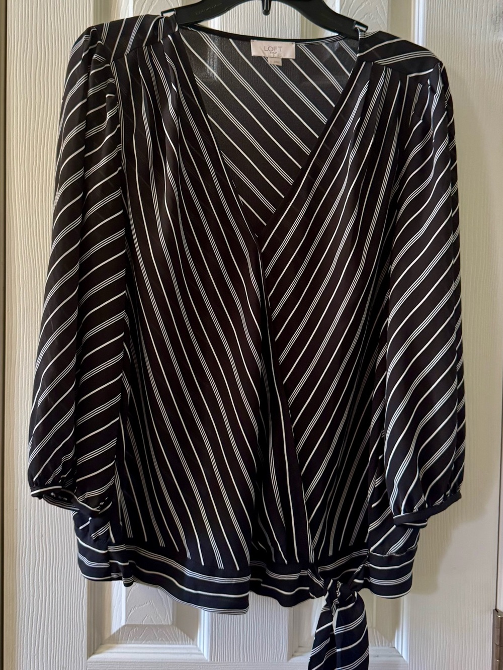 LOFT Black & White Striped Faux Wrap Blouse – Size Large - Like New